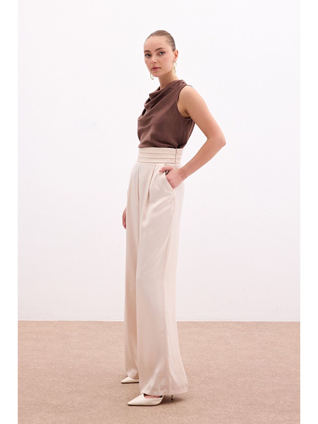 Cepli Salaş Saten Pantolon - Bej-1