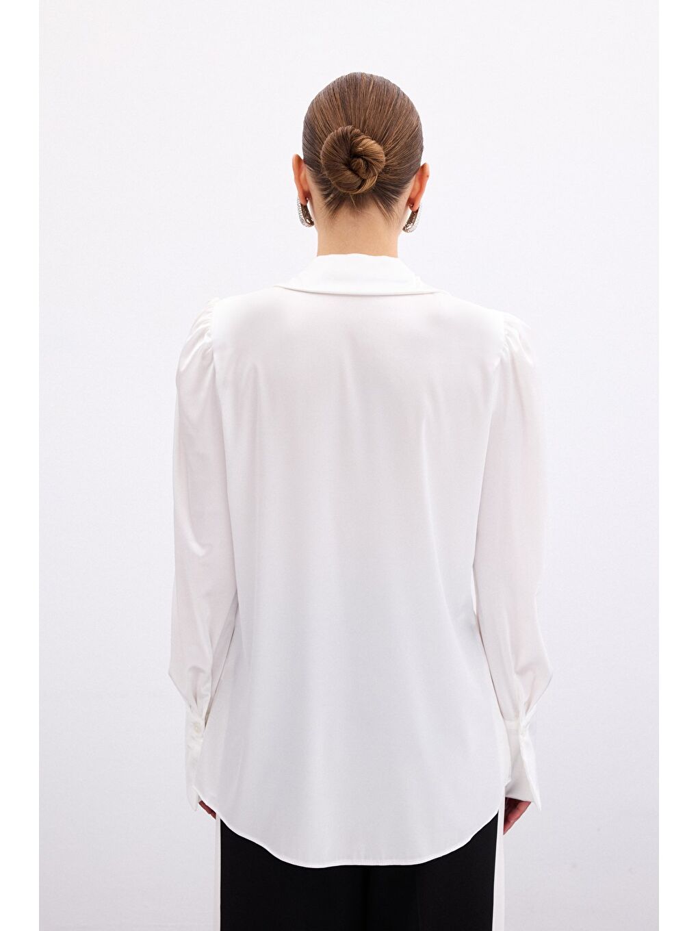 Vatkalı Saten Gömlek - Ekru-7