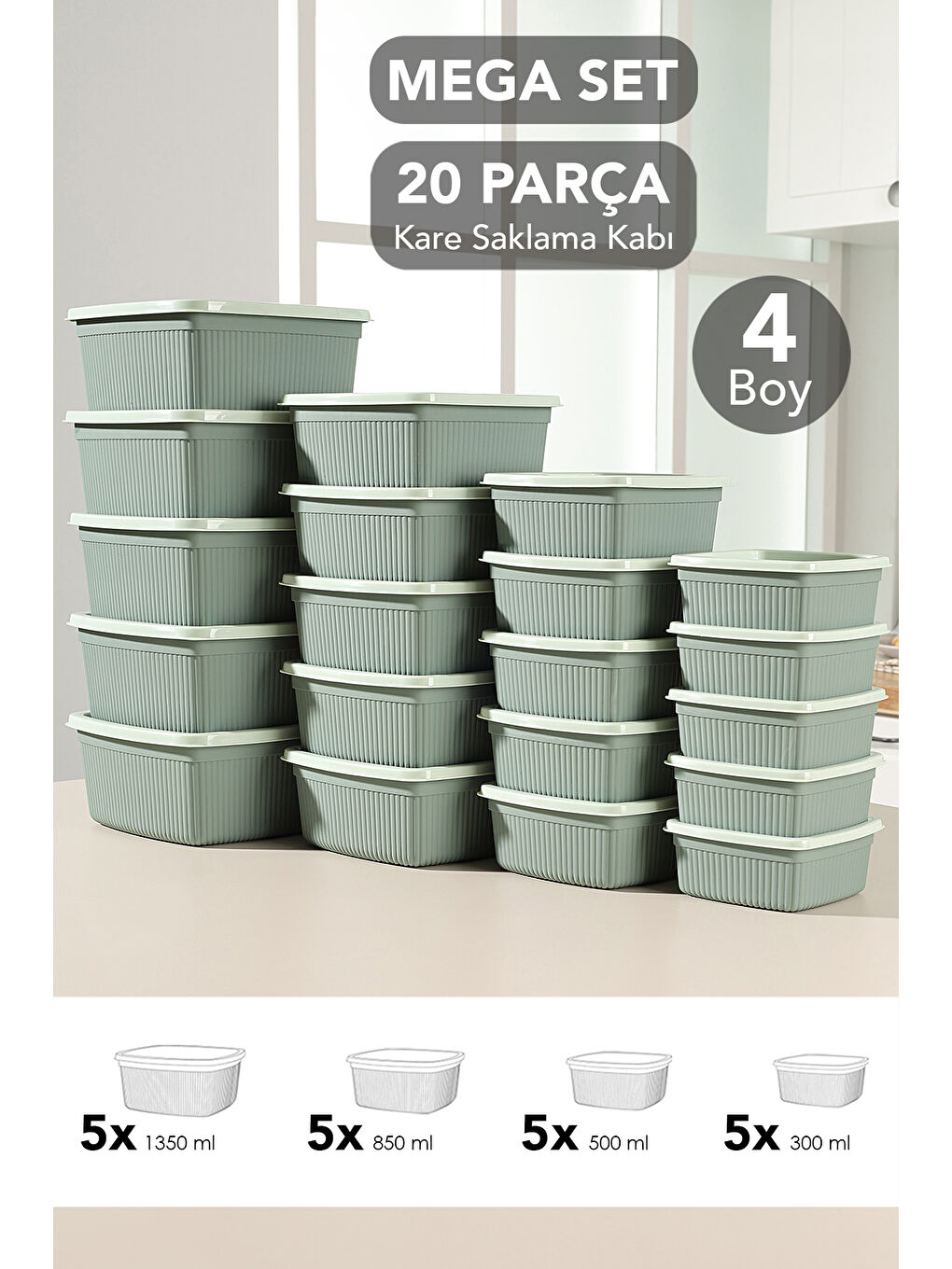 Yeşil 20'li Çizgili Kare Gıda Saklama Kabı Seti