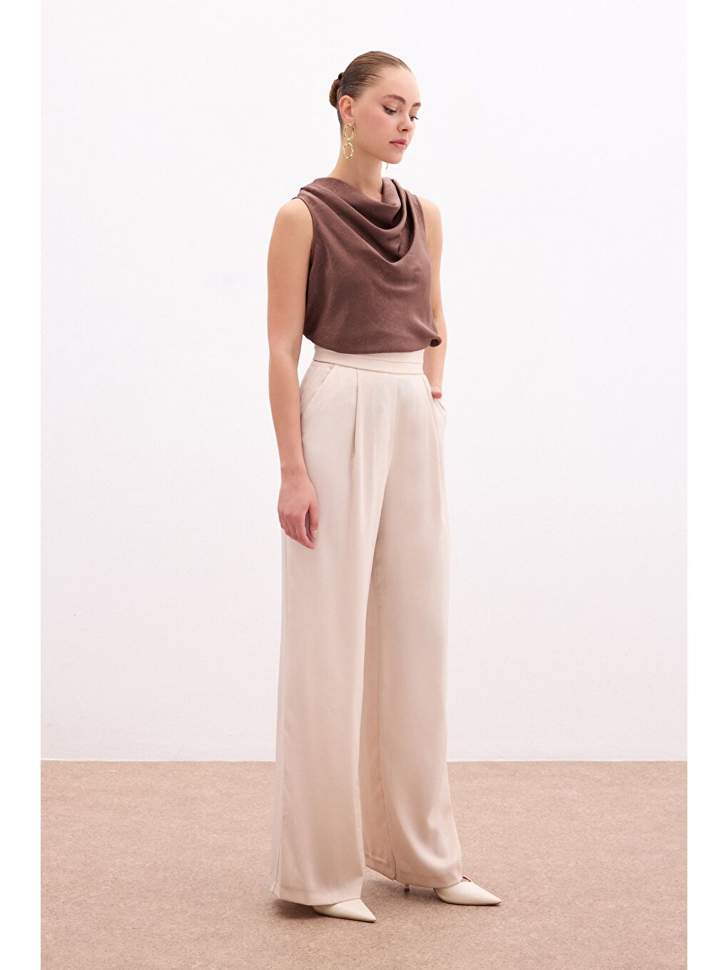 Cepli Salaş Saten Pantolon - Bej-2