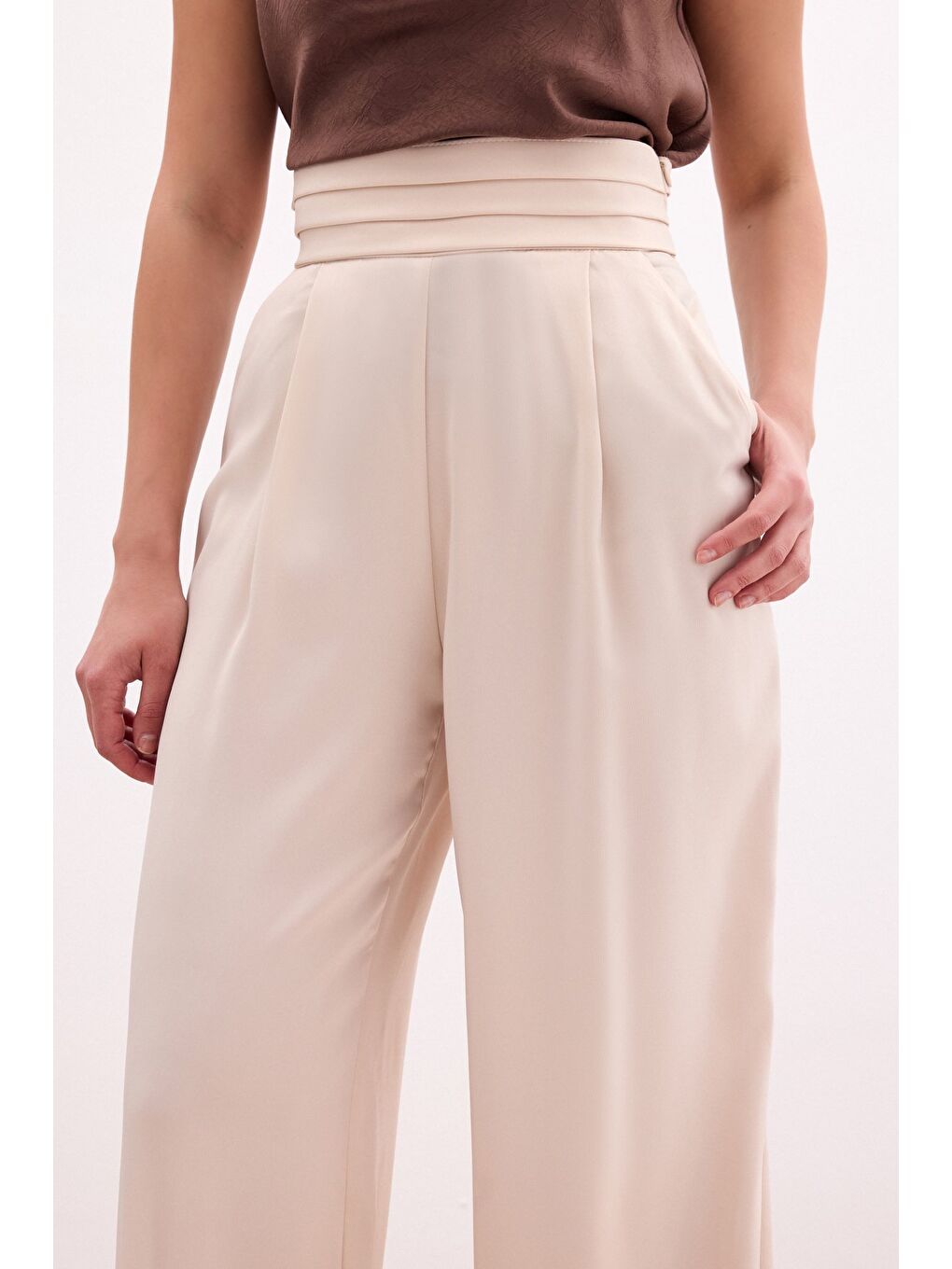 Cepli Salaş Saten Pantolon - Bej-3