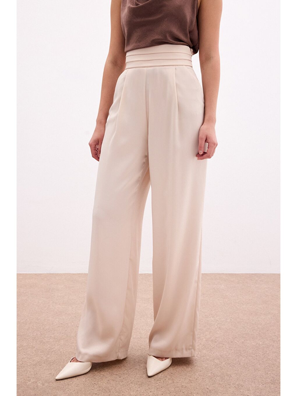 Cepli Salaş Saten Pantolon - Bej-4