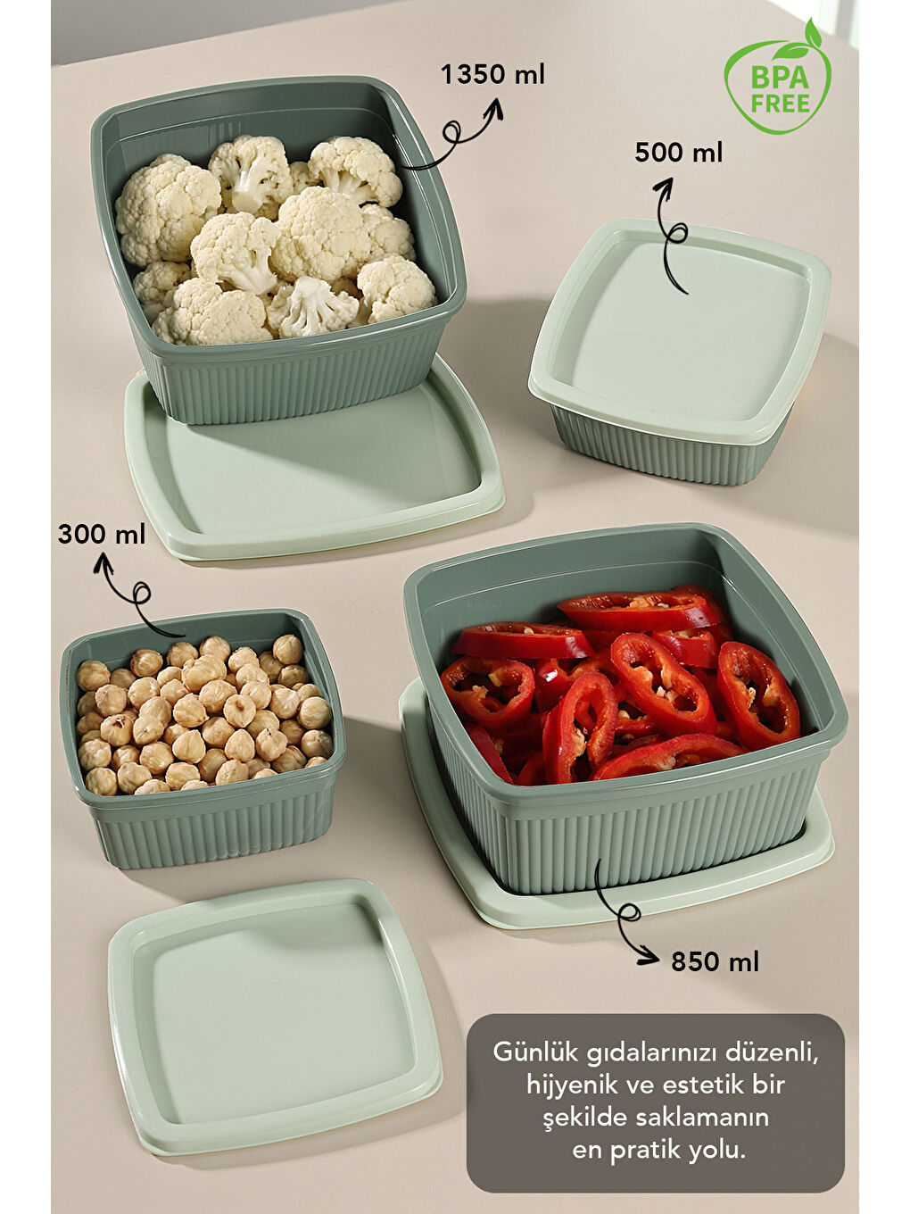 Yeşil 20'li Çizgili Kare Gıda Saklama Kabı Seti-1