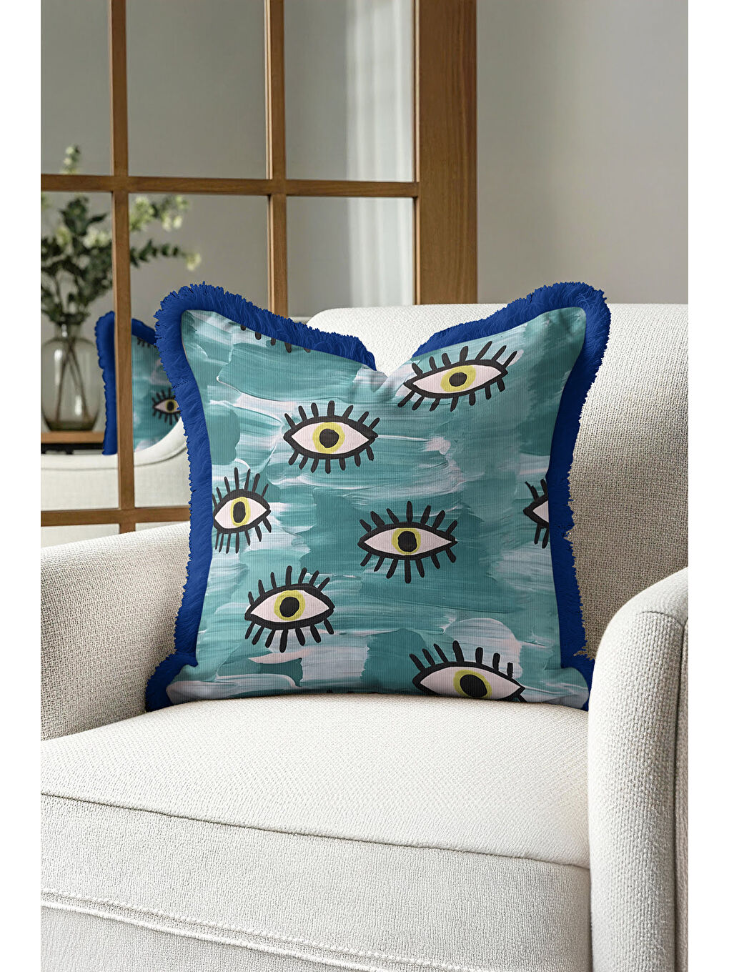 Karışık Modern Göz Motifli Saçaklı Yastık Kılıfı - Soyut Bohem Mavi Yeşil Püsküllü Kırlent Kılıfı