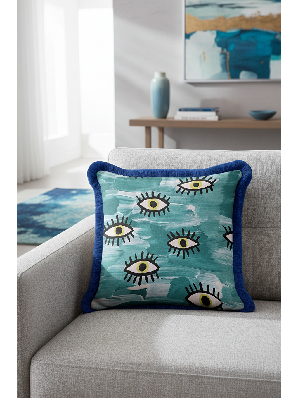 Karışık Modern Göz Motifli Saçaklı Yastık Kılıfı - Soyut Bohem Mavi Yeşil Püsküllü Kırlent Kılıfı-1