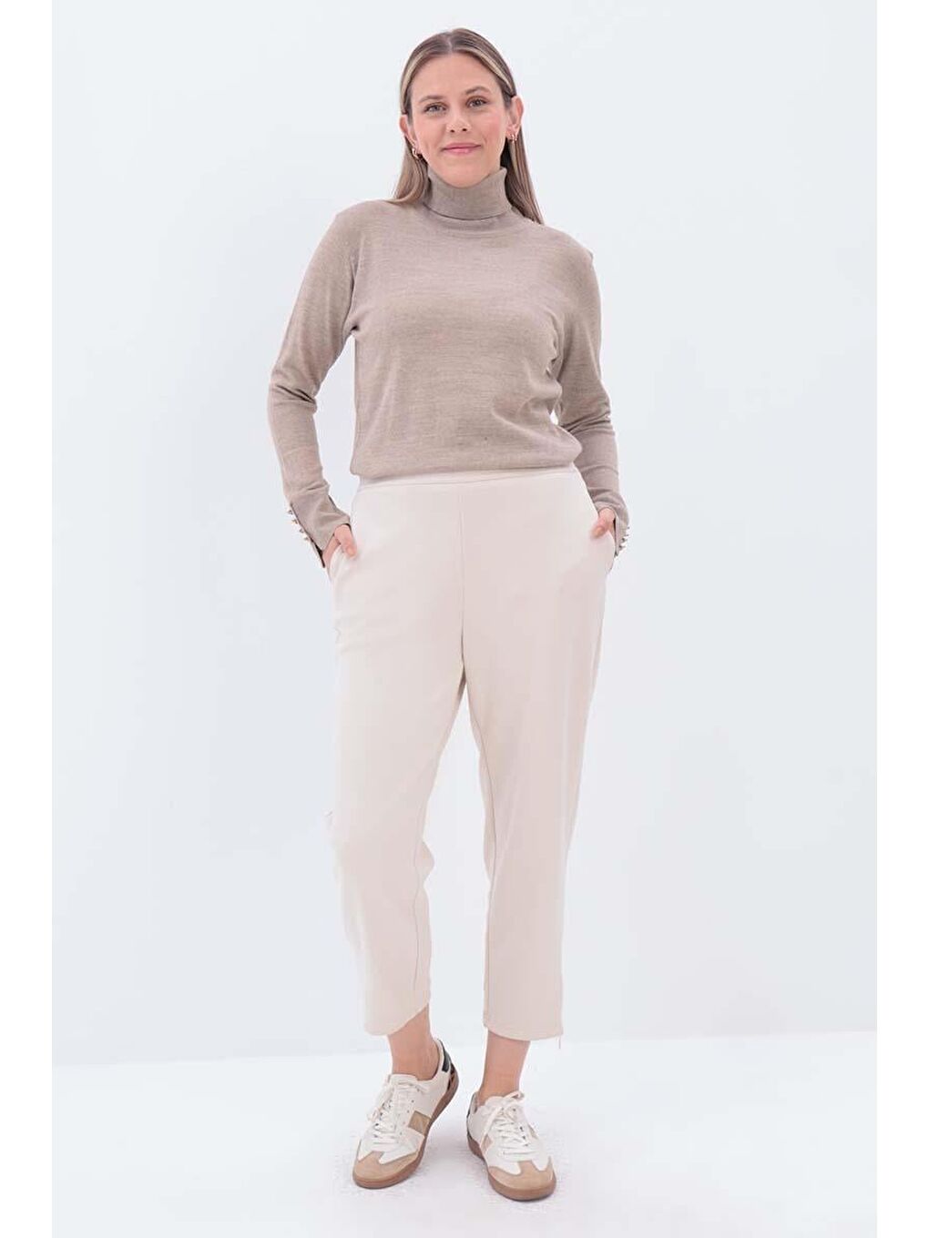 Açık Bej-Paçası Fermuarlı Pantolon