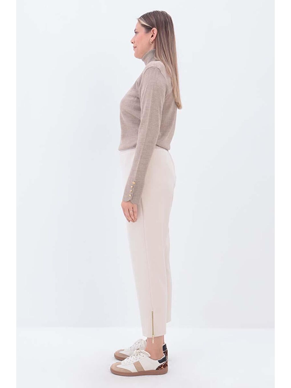 Açık Bej-Paçası Fermuarlı Pantolon-2