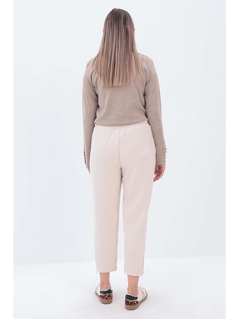 Açık Bej-Paçası Fermuarlı Pantolon-3