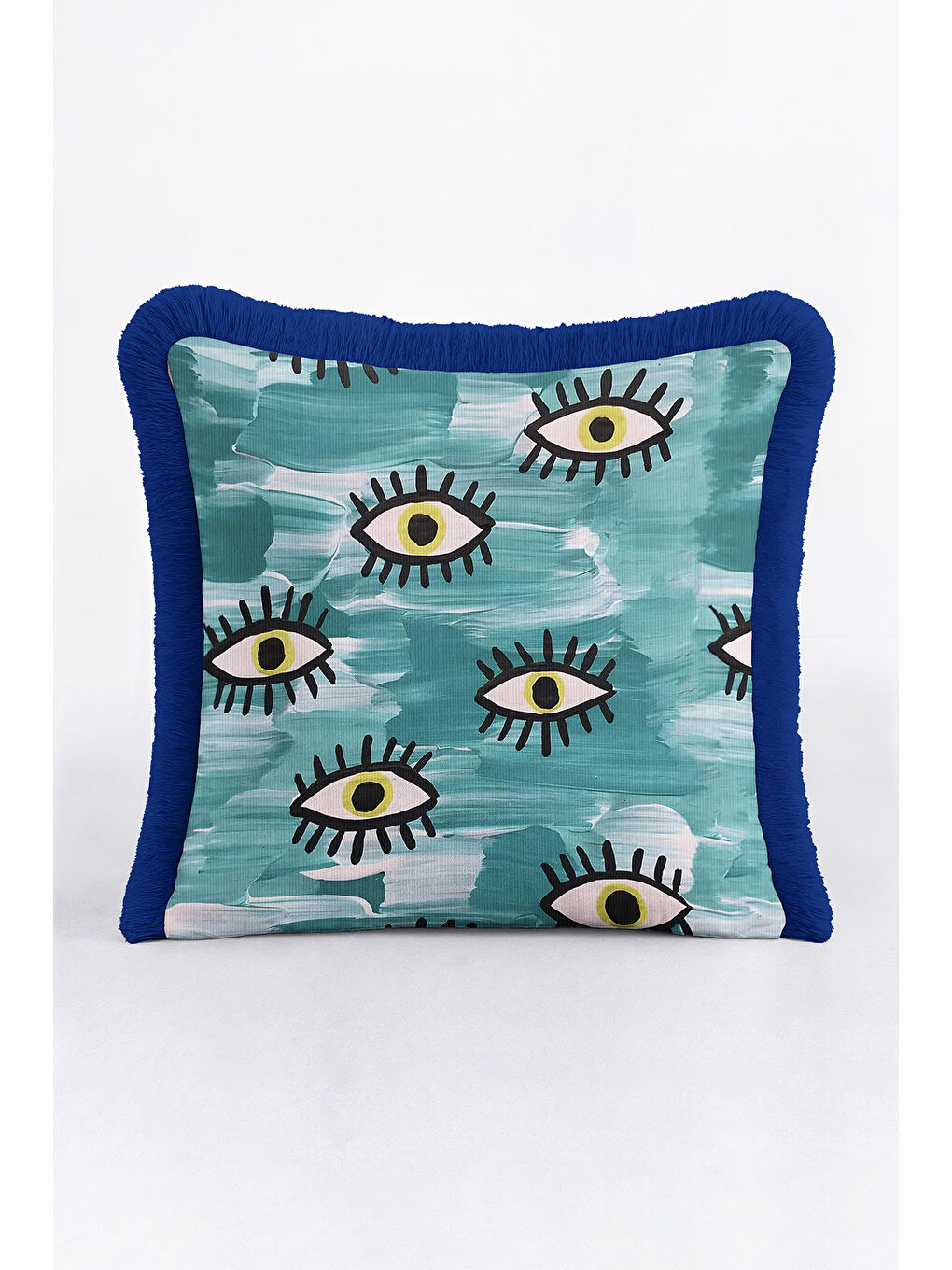 Karışık Modern Göz Motifli Saçaklı Yastık Kılıfı - Soyut Bohem Mavi Yeşil Püsküllü Kırlent Kılıfı-2