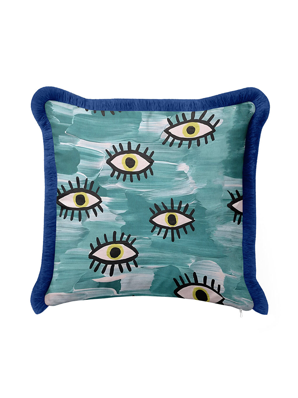 Karışık Modern Göz Motifli Saçaklı Yastık Kılıfı - Soyut Bohem Mavi Yeşil Püsküllü Kırlent Kılıfı-3