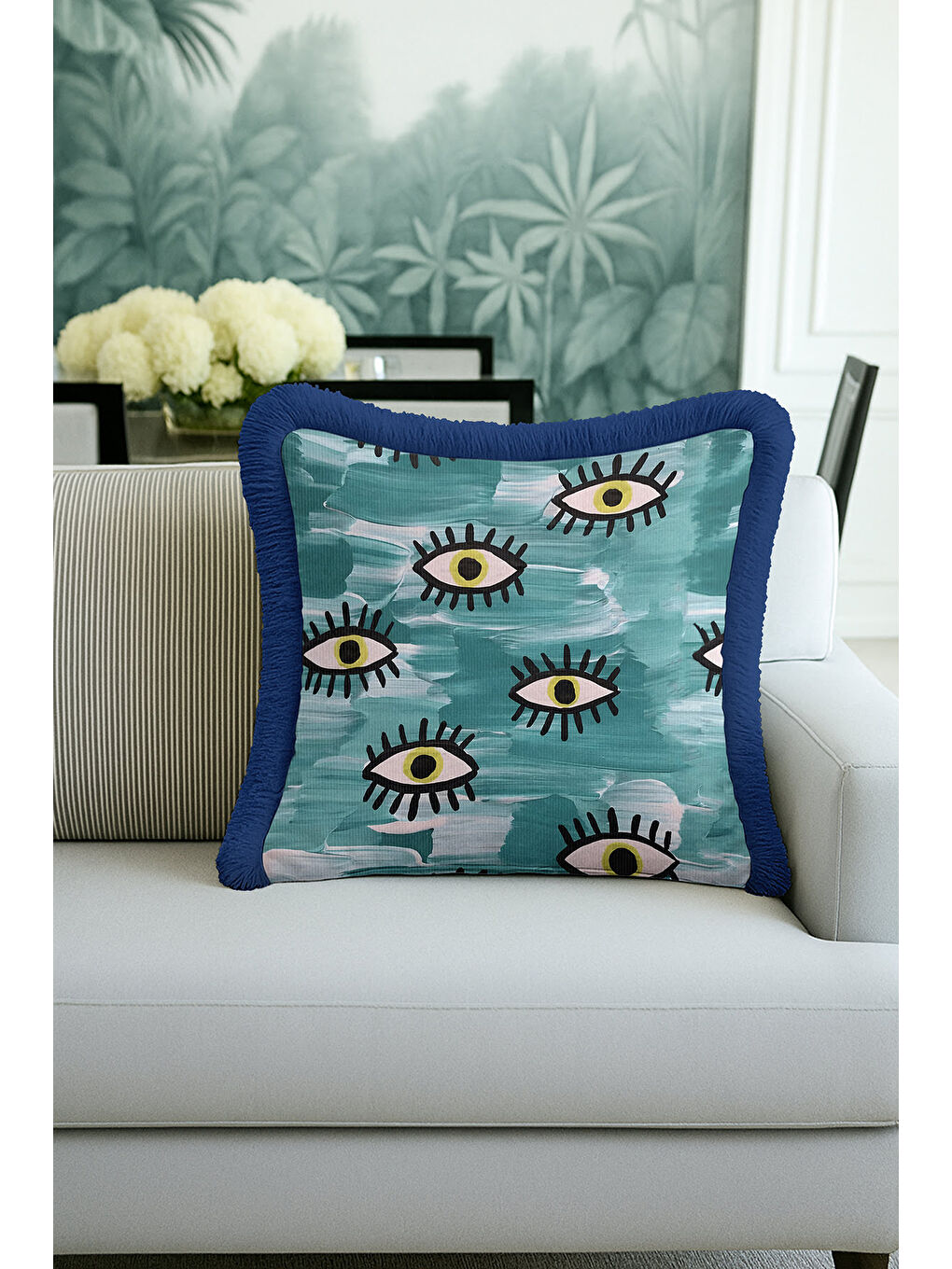 Karışık Modern Göz Motifli Saçaklı Yastık Kılıfı - Soyut Bohem Mavi Yeşil Püsküllü Kırlent Kılıfı-4
