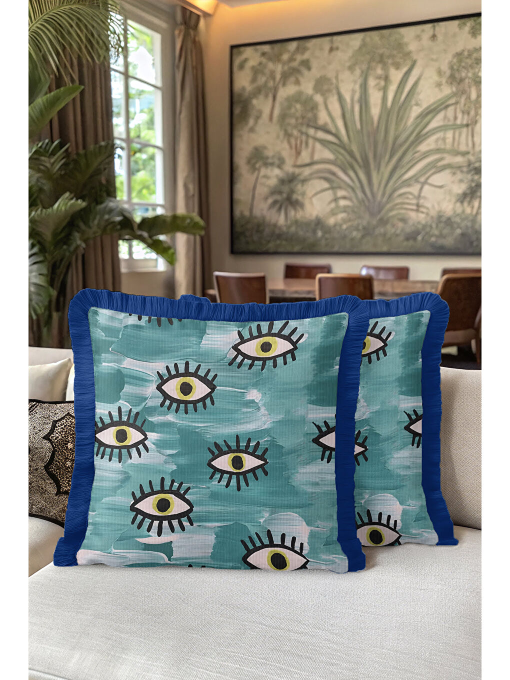 Karışık Modern Göz Motifli Saçaklı Yastık Kılıfı - Soyut Bohem Mavi Yeşil Püsküllü Kırlent Kılıfı-5