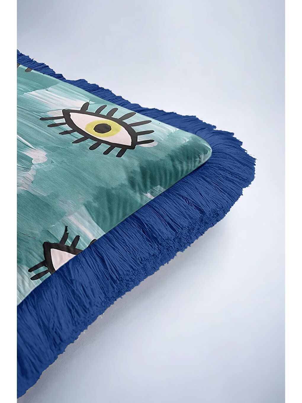 Karışık Modern Göz Motifli Saçaklı Yastık Kılıfı - Soyut Bohem Mavi Yeşil Püsküllü Kırlent Kılıfı-6