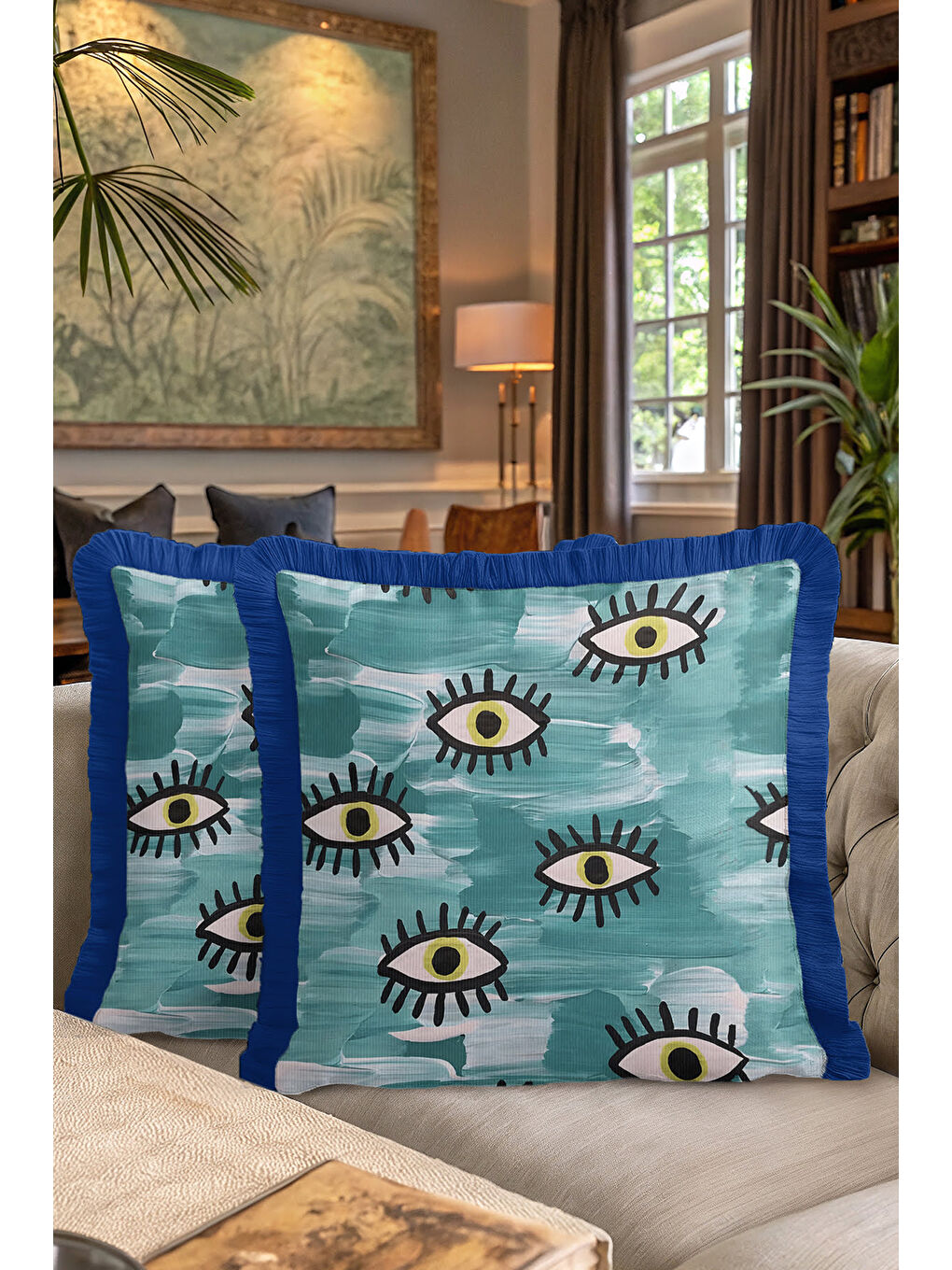 Karışık Modern Göz Motifli Saçaklı Yastık Kılıfı - Soyut Bohem Mavi Yeşil Püsküllü Kırlent Kılıfı-7