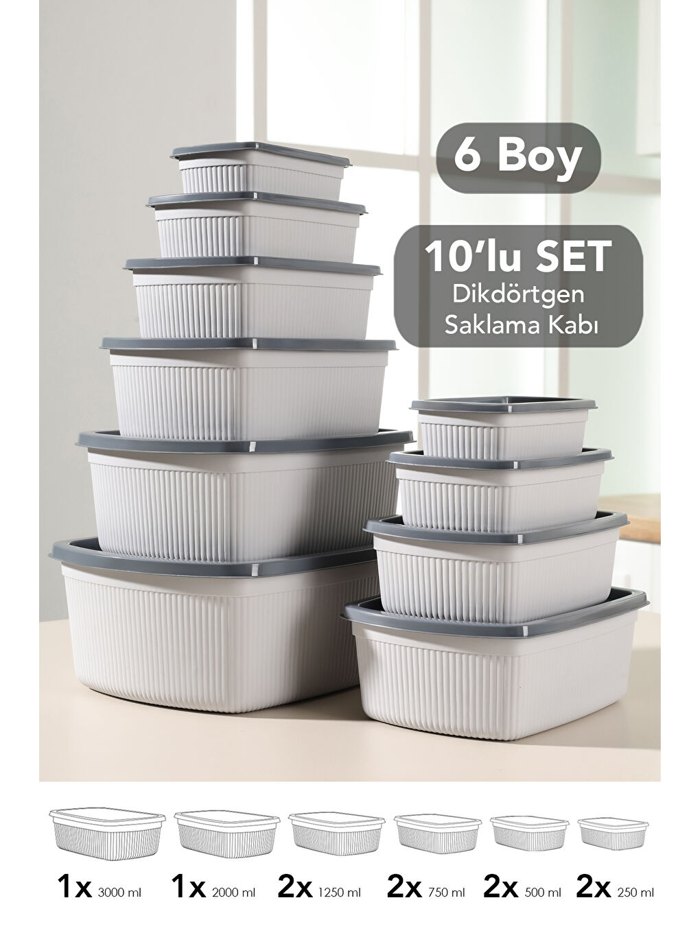 Gri 10'lu Çizgili Dikdörtgen Gıda Saklama Kabı Seti