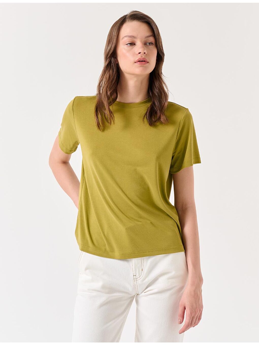 Koyu Yağ Yeşili Düz Kesim Bisiklet Yaka Kısa Kollu Basic Örme Tişört