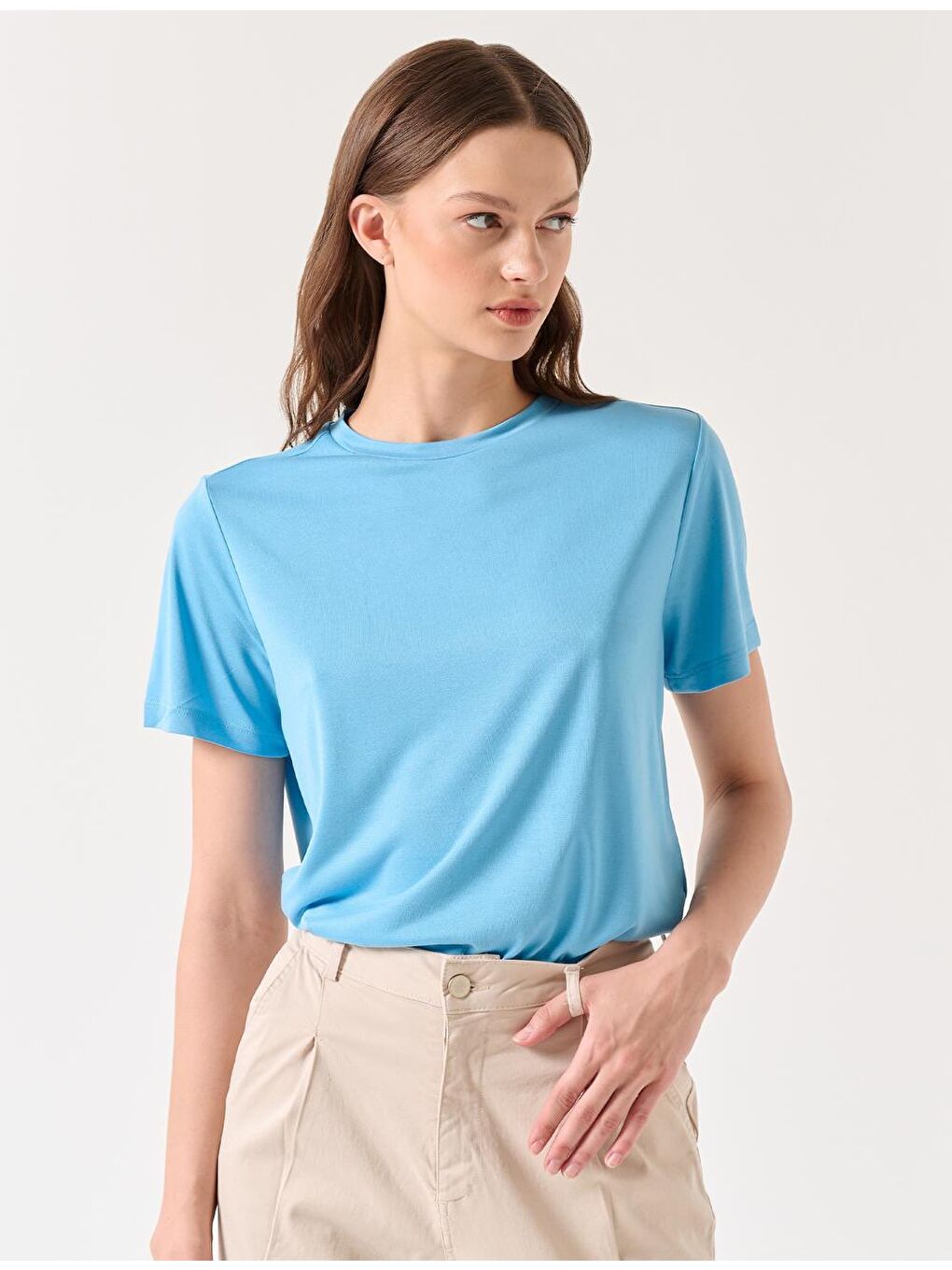 Gök Mavisi Düz Kesim Bisiklet Yaka Kısa Kollu Basic Örme Tişört