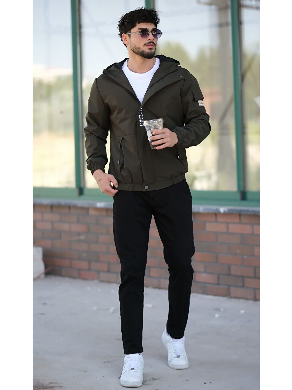 Haki Kol Cepli Baskılı Spor Elastan Kumaş Erkek Yağmurluk Mevsimlik-2