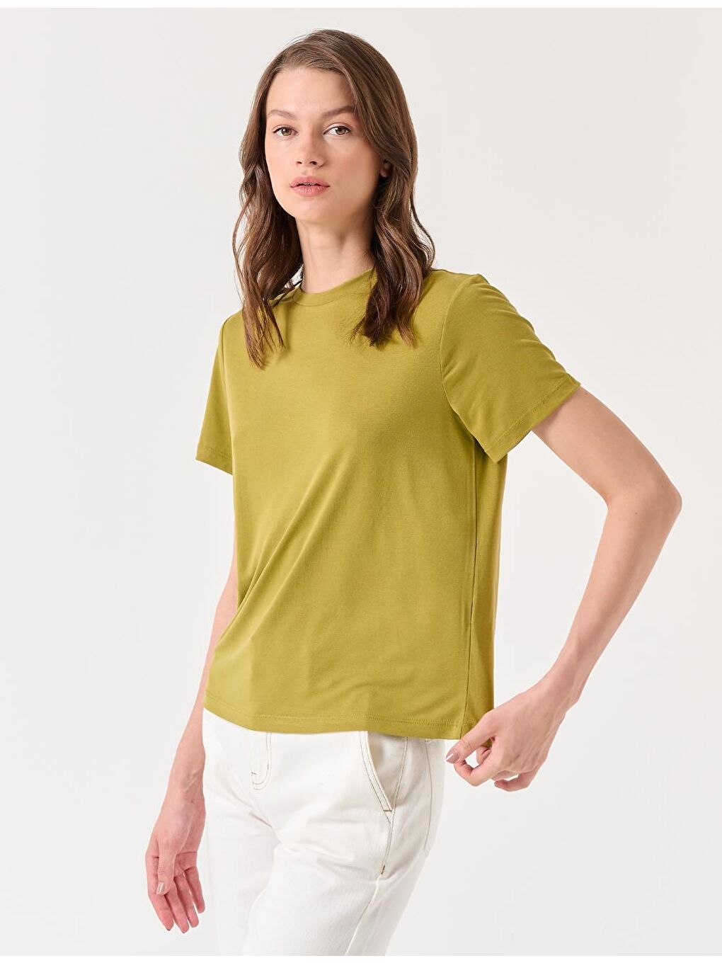 Koyu Yağ Yeşili Düz Kesim Bisiklet Yaka Kısa Kollu Basic Örme Tişört-1