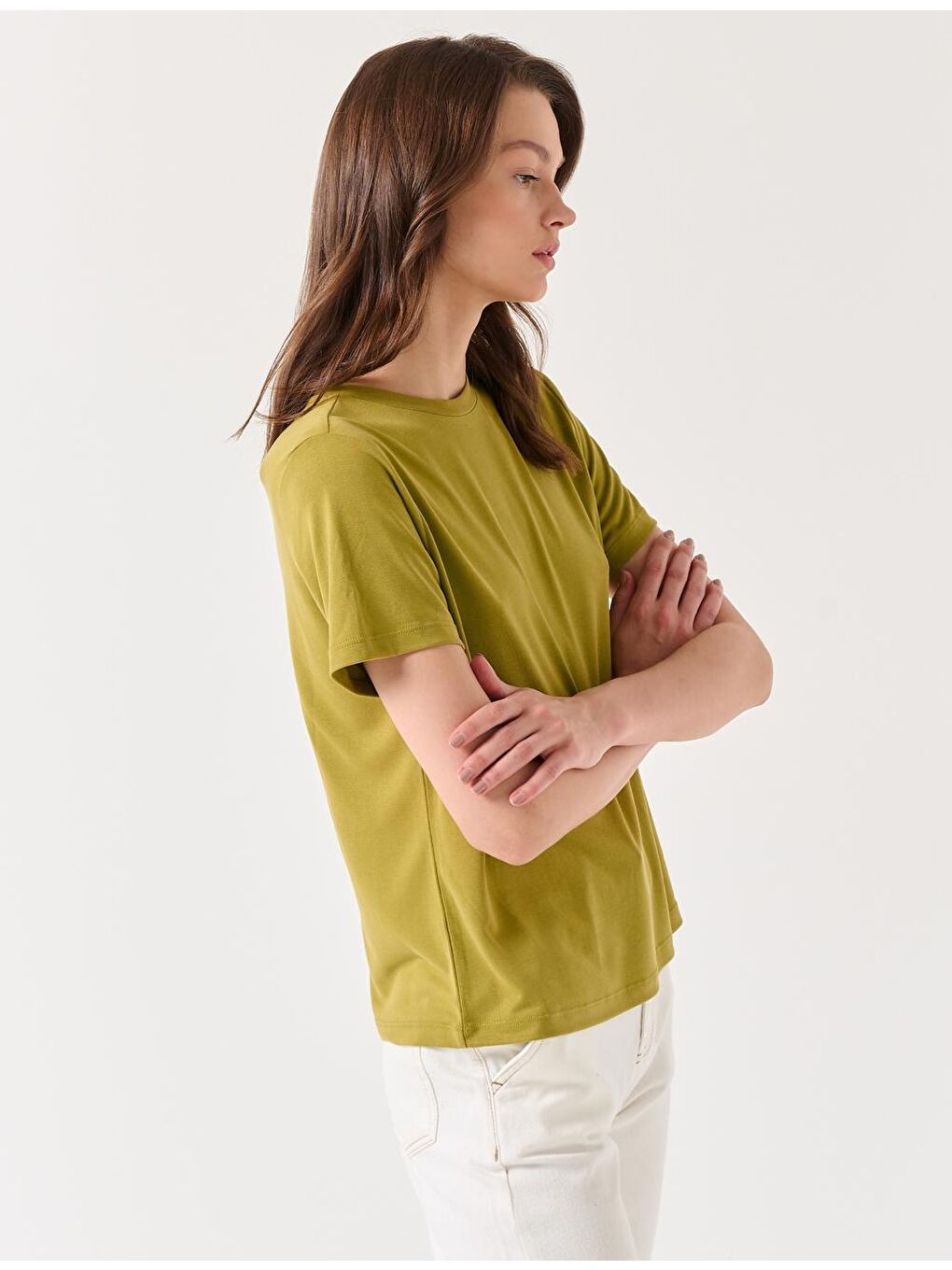 Koyu Yağ Yeşili Düz Kesim Bisiklet Yaka Kısa Kollu Basic Örme Tişört-2