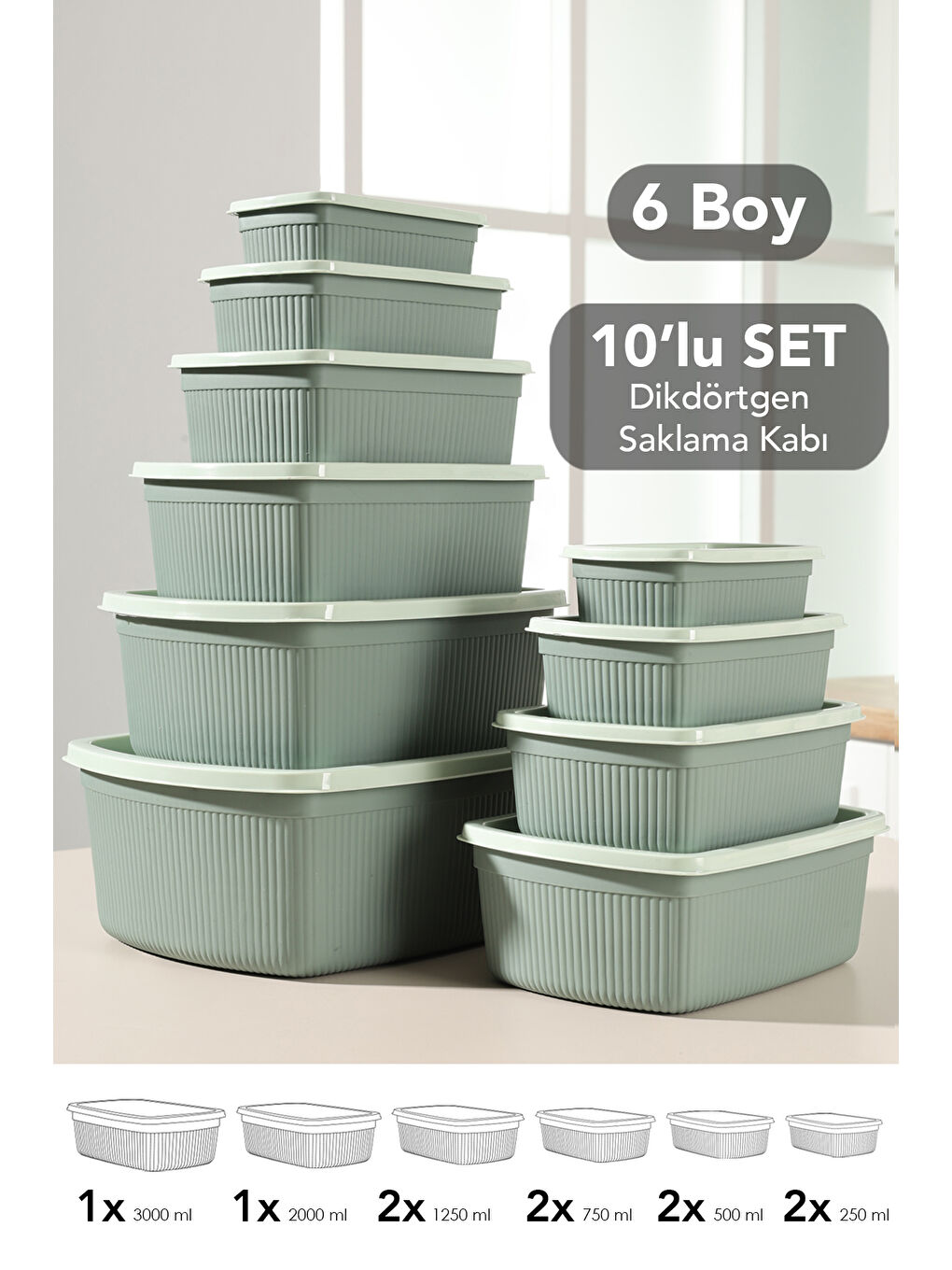 Yeşil 10'lu Çizgili Dikdörtgen Gıda Saklama Kabı Seti