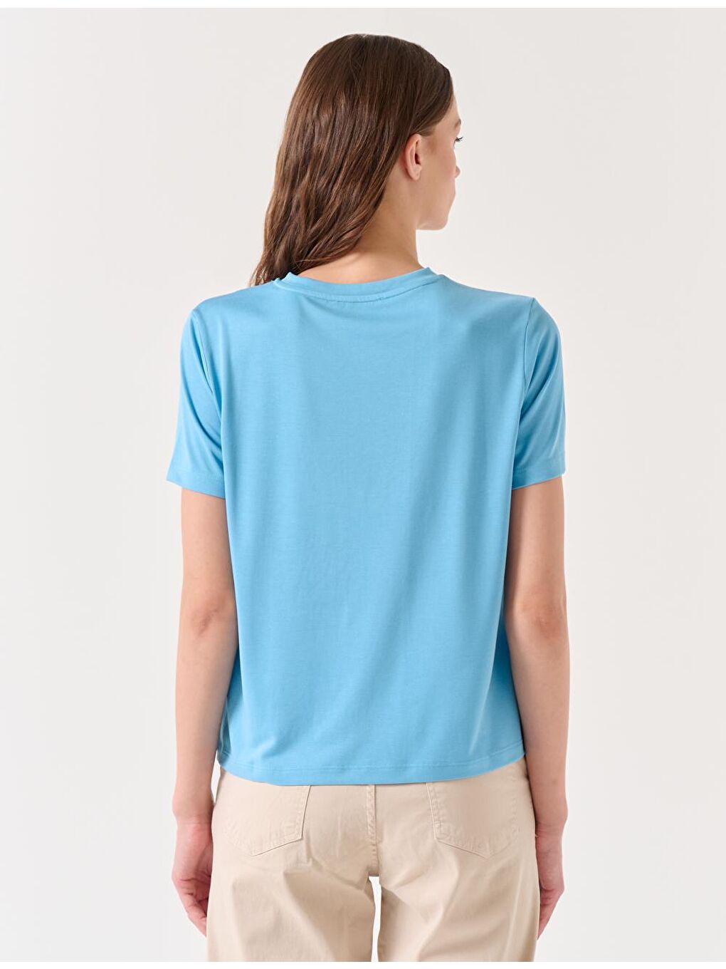 Gök Mavisi Düz Kesim Bisiklet Yaka Kısa Kollu Basic Örme Tişört-3