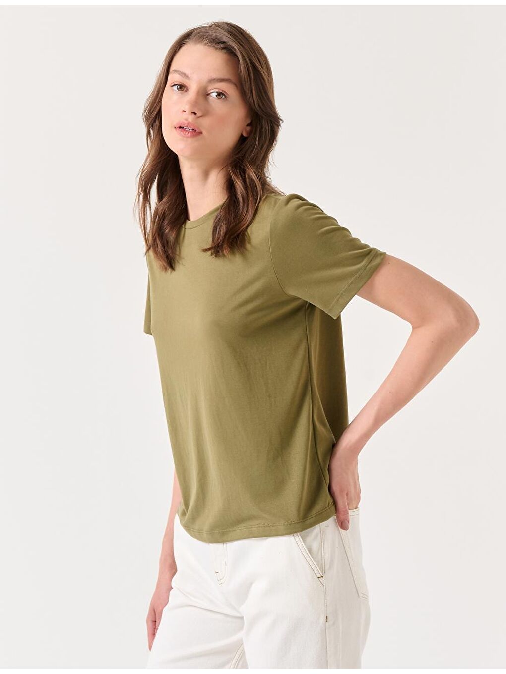 Haki Düz Kesim Bisiklet Yaka Kısa Kollu Basic Örme Tişört-1