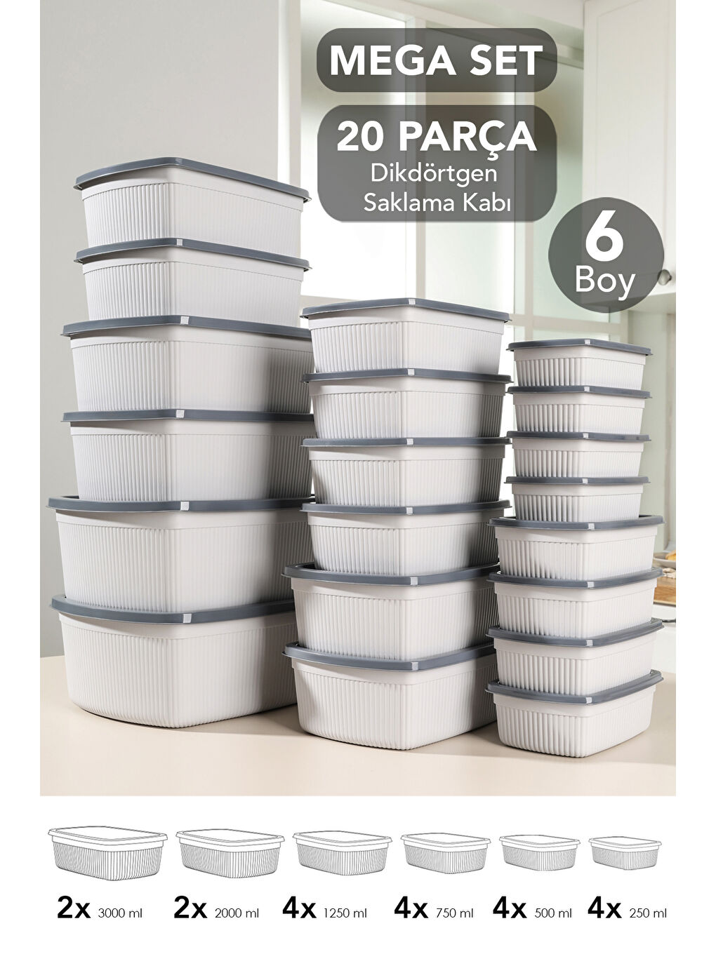 Gri 20'li Çizgili Dikdörtgen Gıda Saklama Kabı Seti