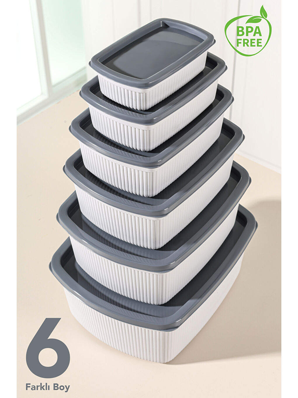 Gri 20'li Çizgili Dikdörtgen Gıda Saklama Kabı Seti-2
