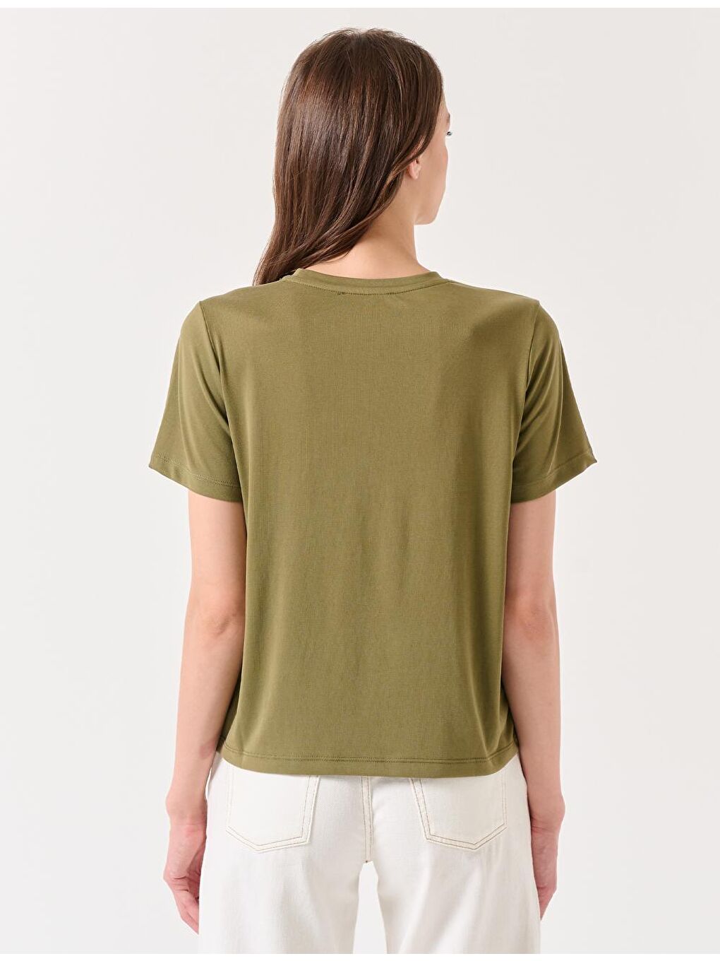Haki Düz Kesim Bisiklet Yaka Kısa Kollu Basic Örme Tişört-3