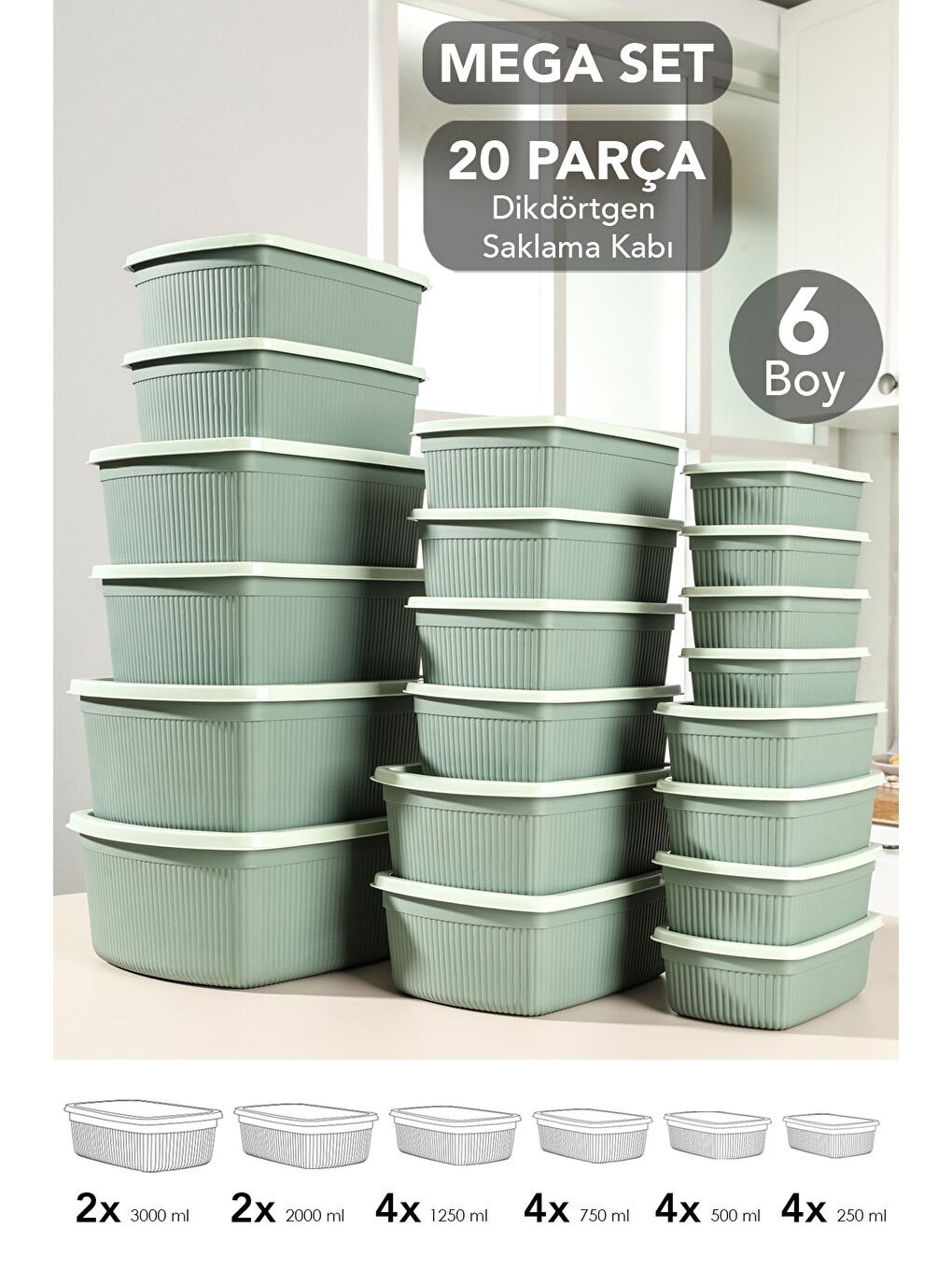 Yeşil 20'li Çizgili Dikdörtgen Gıda Saklama Kabı Seti
