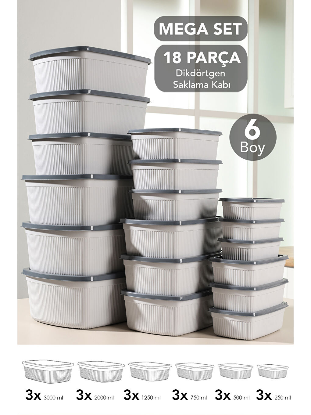 Gri 18'li Çizgili Dikdörtgen Gıda Saklama Kabı Seti