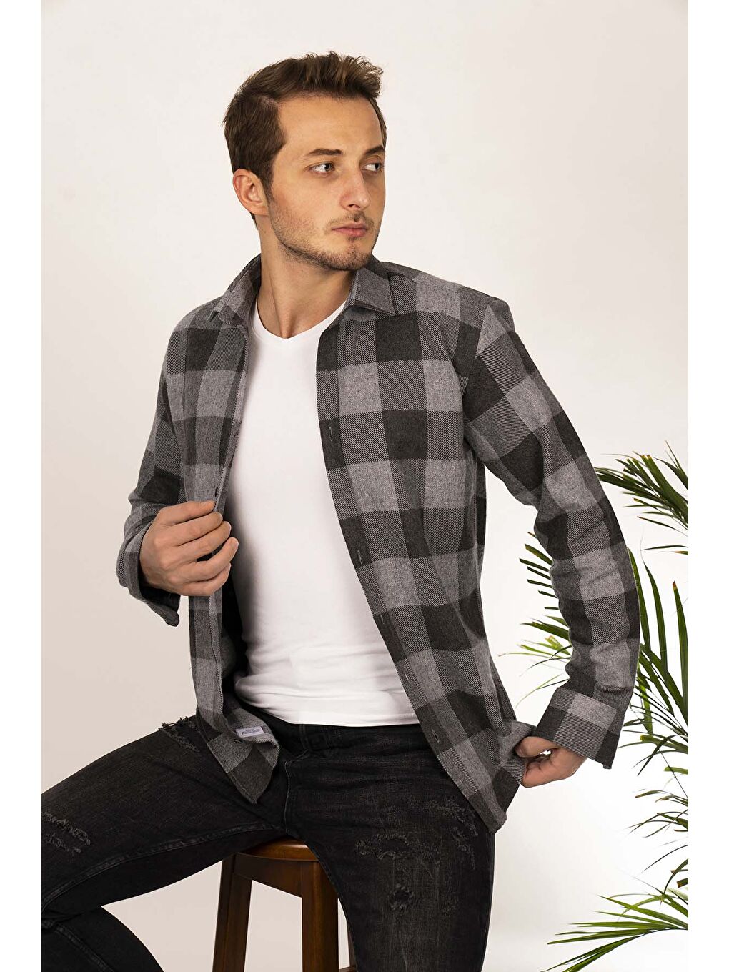 Siyah Füme Dama Desenli Slimfit Oduncu Erkek Gömlek-2