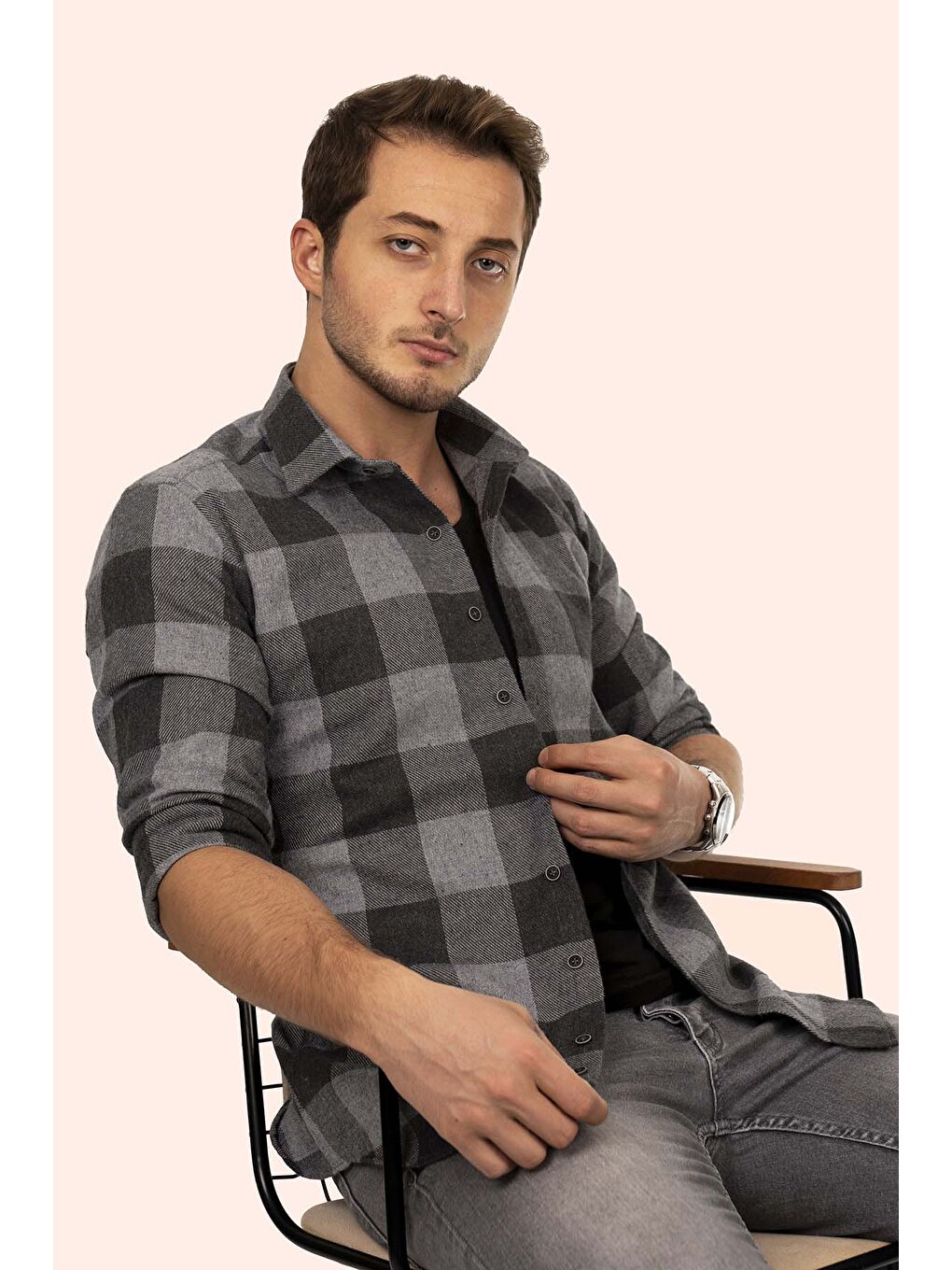 Siyah Füme Dama Desenli Slimfit Oduncu Erkek Gömlek-6