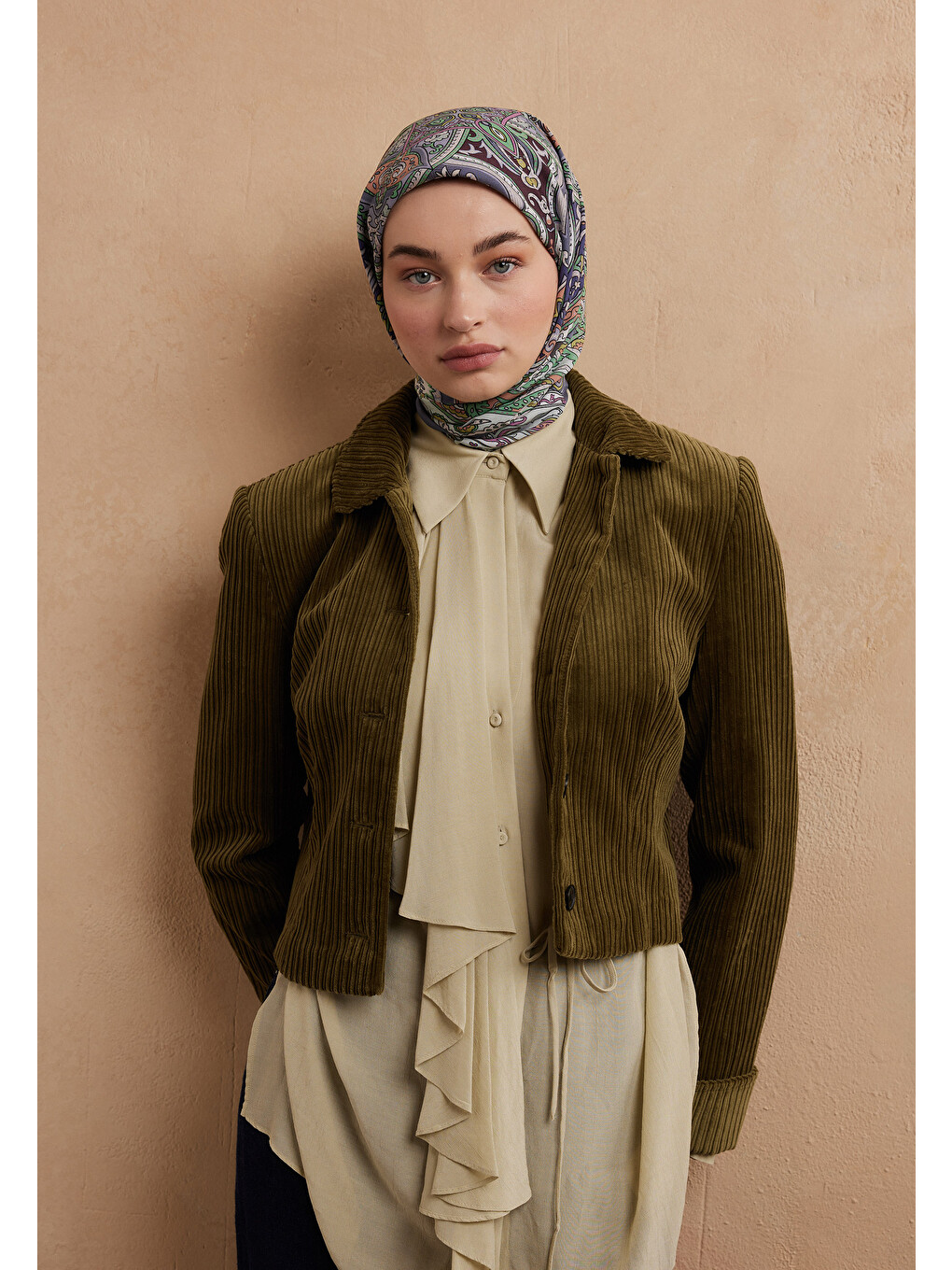 Etnıc Floral Desen Pamuk İpek Eşarp İndigo-1