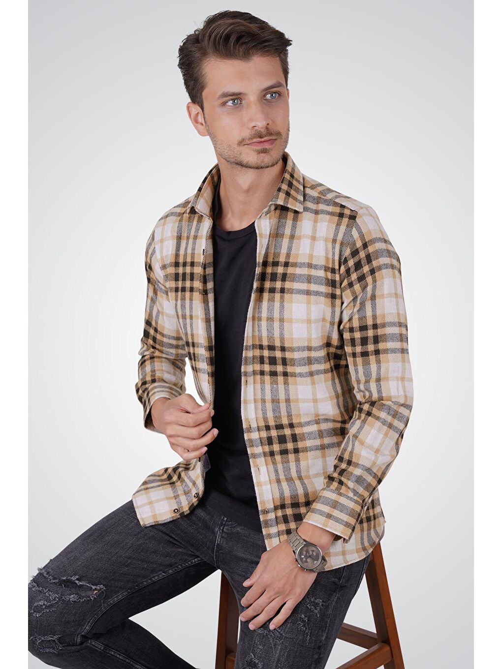 Beyaz Kahve Çizgili Slimfit %100 Pamuk Erkek Oduncu Gömlek-2