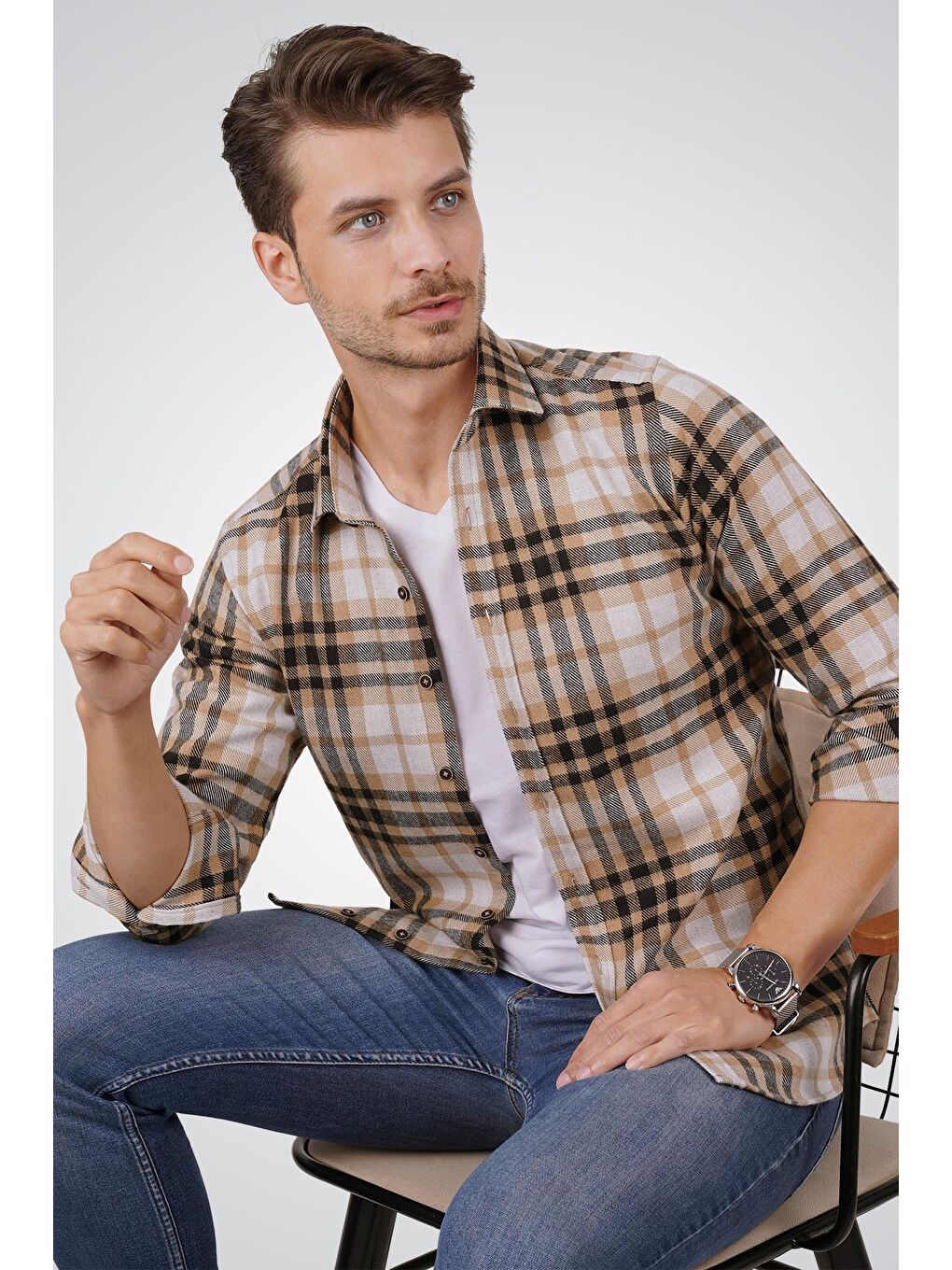 Beyaz Kahve Çizgili Slimfit %100 Pamuk Erkek Oduncu Gömlek-3