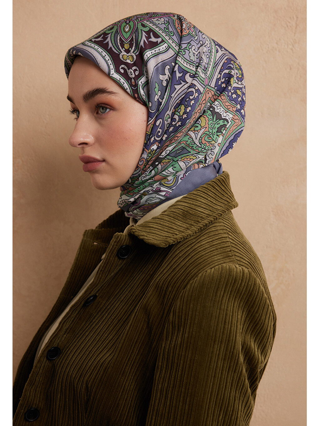 Etnıc Floral Desen Pamuk İpek Eşarp İndigo-2