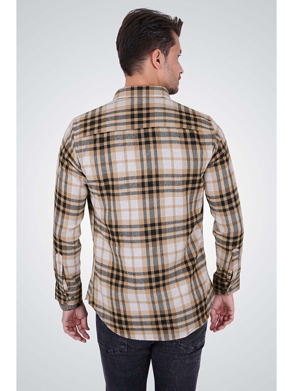 Beyaz Kahve Çizgili Slimfit %100 Pamuk Erkek Oduncu Gömlek-4