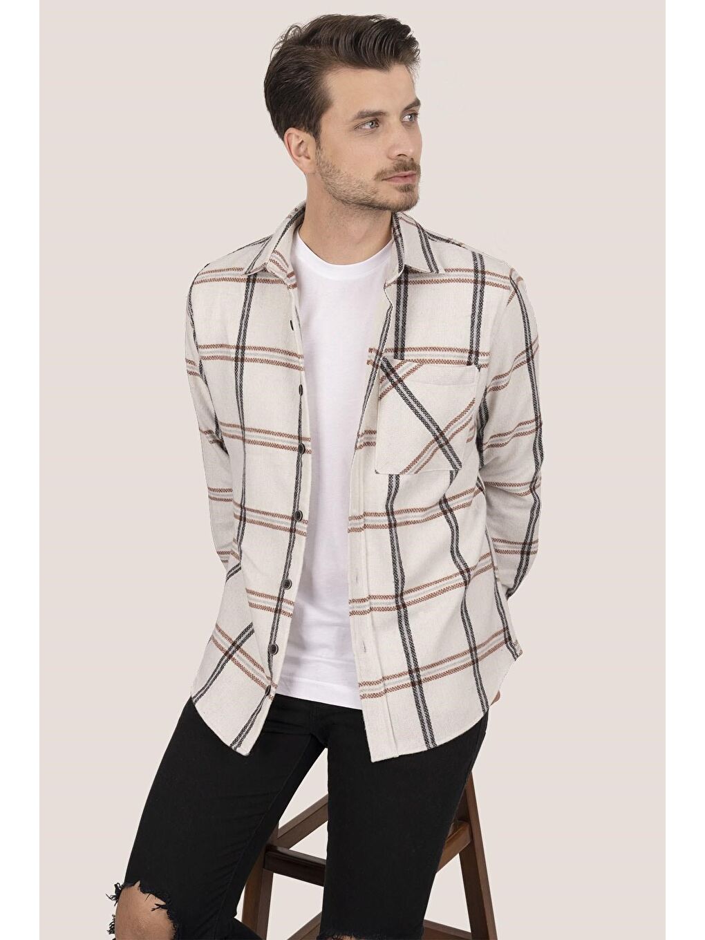 Kemik Beyaz Çizgili Oversize %100 Pamuk Erkek Oduncu Gömlek-4