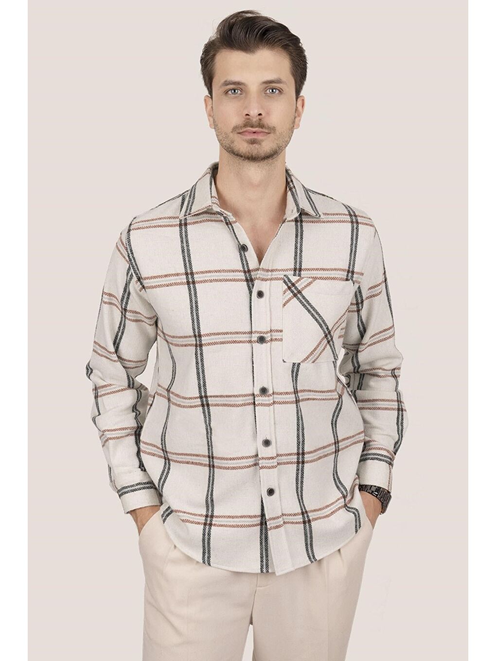 Kemik Beyaz Çizgili Oversize %100 Pamuk Erkek Oduncu Gömlek-1