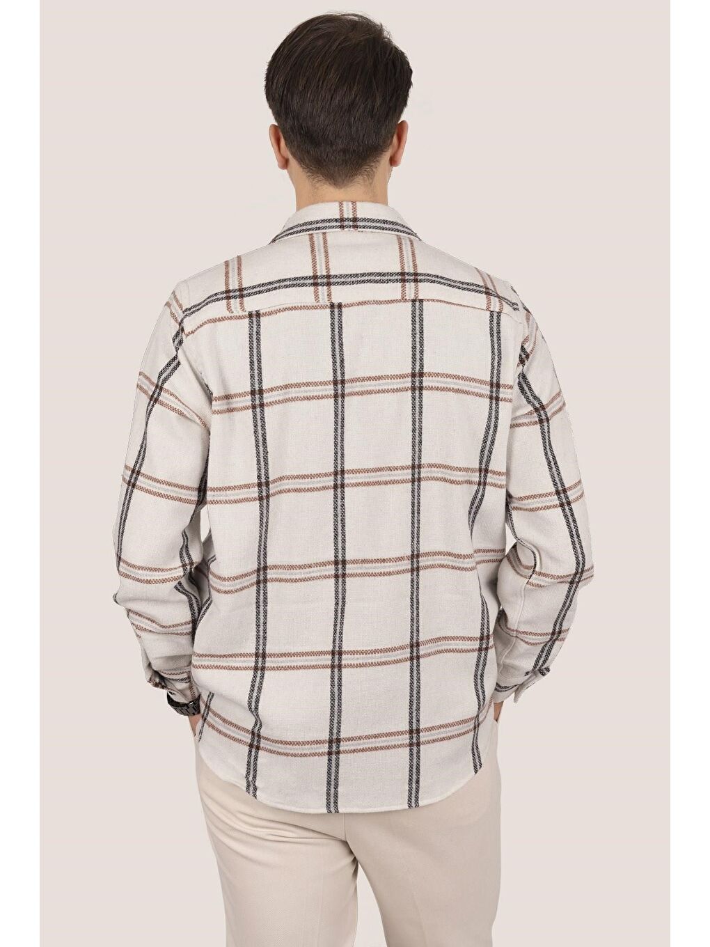 Kemik Beyaz Çizgili Oversize %100 Pamuk Erkek Oduncu Gömlek-5