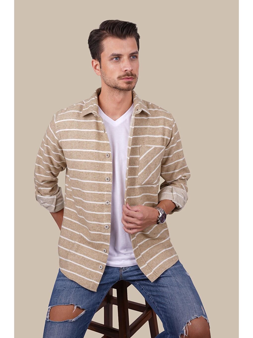 Bej Beyaz Çizgili Oversize Oduncu Erkek Gömlek-1