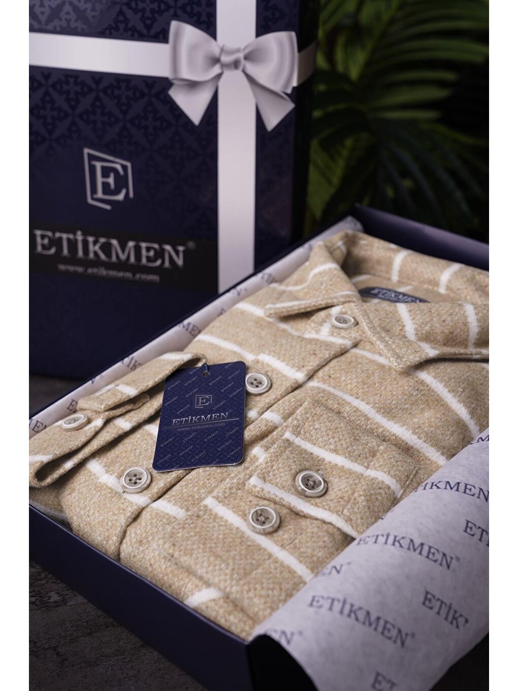 Bej Beyaz Çizgili Oversize Oduncu Erkek Gömlek-3