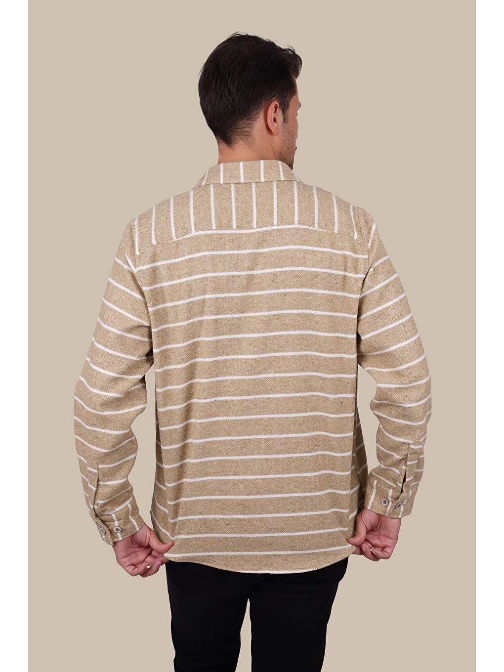 Bej Beyaz Çizgili Oversize Oduncu Erkek Gömlek-6