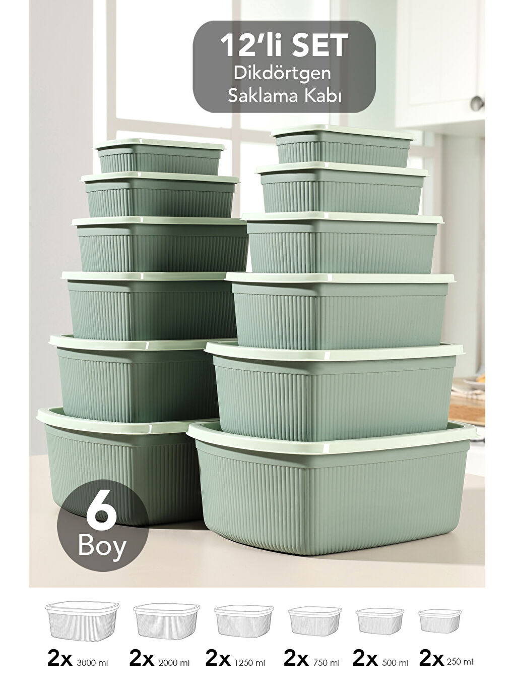 Yeşil 12'li Çizgili Dikdörtgen Gıda Saklama Kabı Seti
