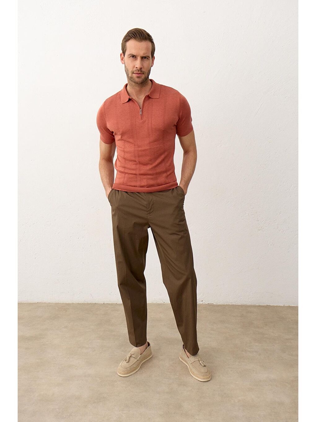 Kahverengi Erkek Fermuarlı Slim-Fit Yazlık Triko Tişört Tarçın-3