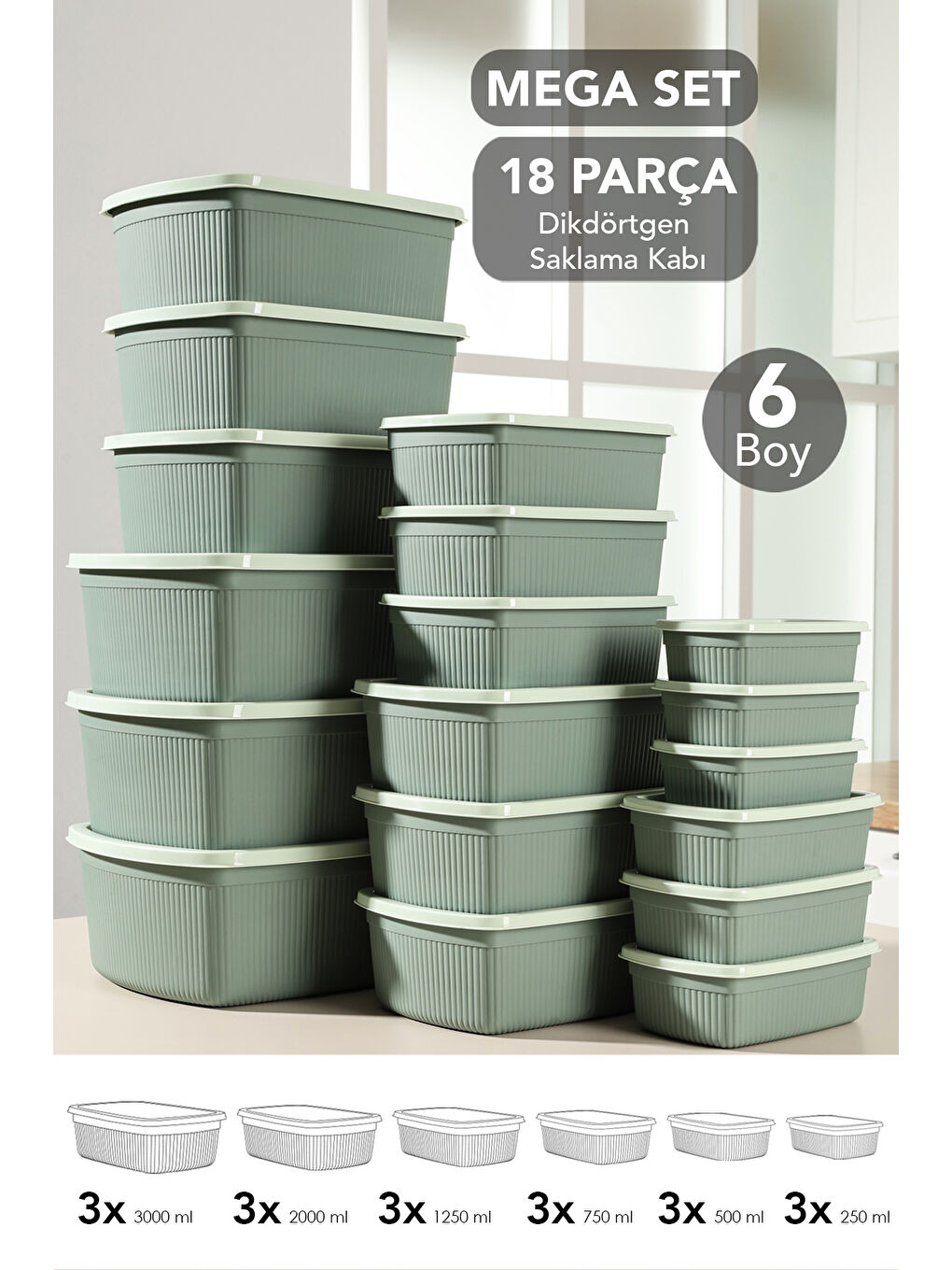 Yeşil 18'li Çizgili Dikdörtgen Gıda Saklama Kabı Seti