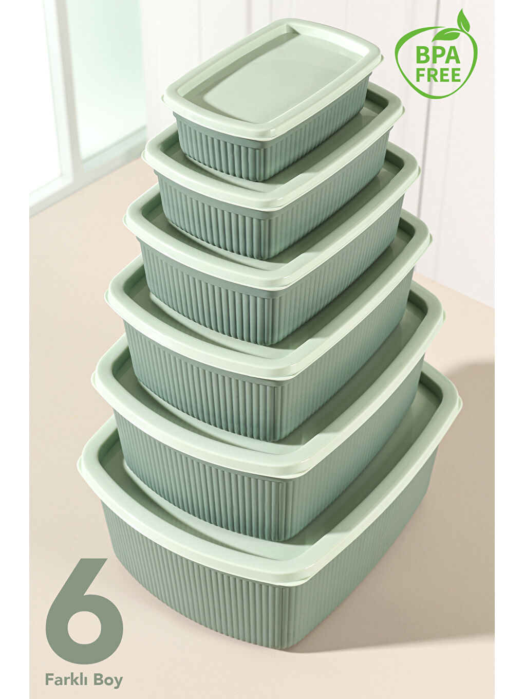 Yeşil 18'li Çizgili Dikdörtgen Gıda Saklama Kabı Seti-2