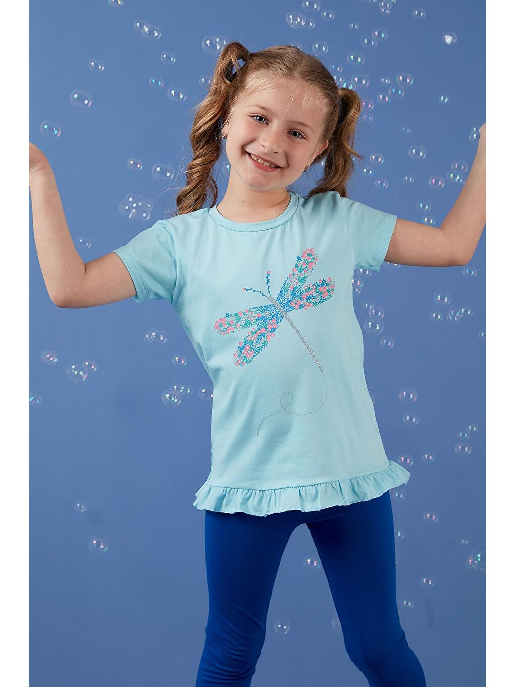 Mavi Pamuklu Baskılı Fırfırlı Bisiklet Yaka T Shirt 6211025